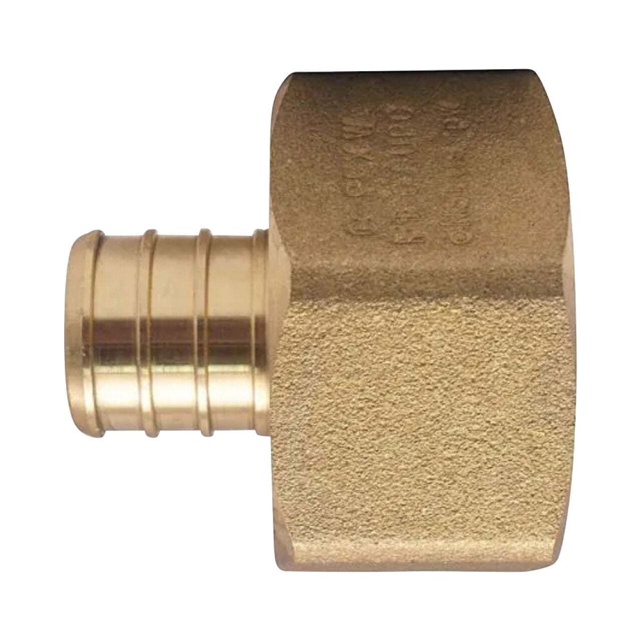 Close-up of the Go Build 3/4 in. x 1 in. Brass PEX Barb x FPT Adapter, featuring a barbed hose connector and hexagonal nut—ideal for PEX plumbing systems—shown against a white background. Brand: The Fastest Way To Build.